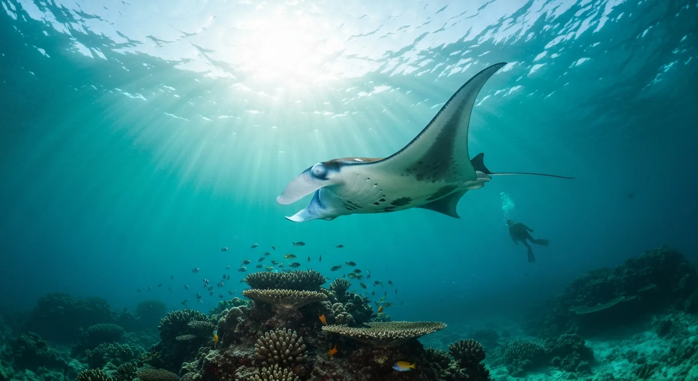 Reef manta ray at Manta Point cleaning station, Nusa Penida — the highlight of any Bali phinisi diving trip