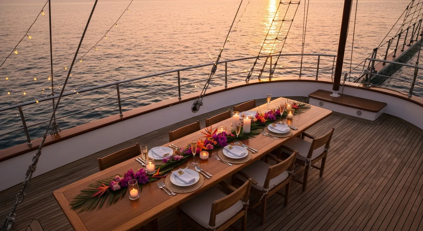 Sunset honeymoon dinner setup on the open aft deck of a private phinisi yacht