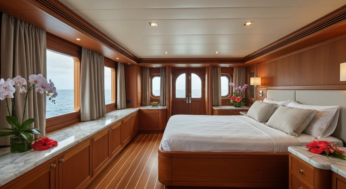 Master cabin interior on a Lamima-class luxury phinisi — teak and marble en-suite with ocean view