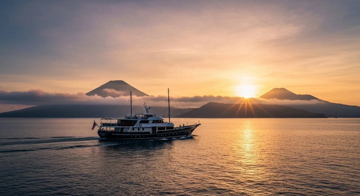 Phinisi yacht crossing the Sape Strait at dawn — the most dramatic leg of the Bali → Komodo journey