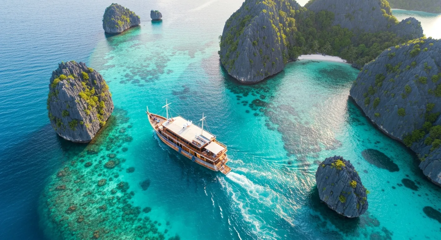 Wayag Islands aerial view — the iconic karst lagoons of Raja Ampat reached from Bali